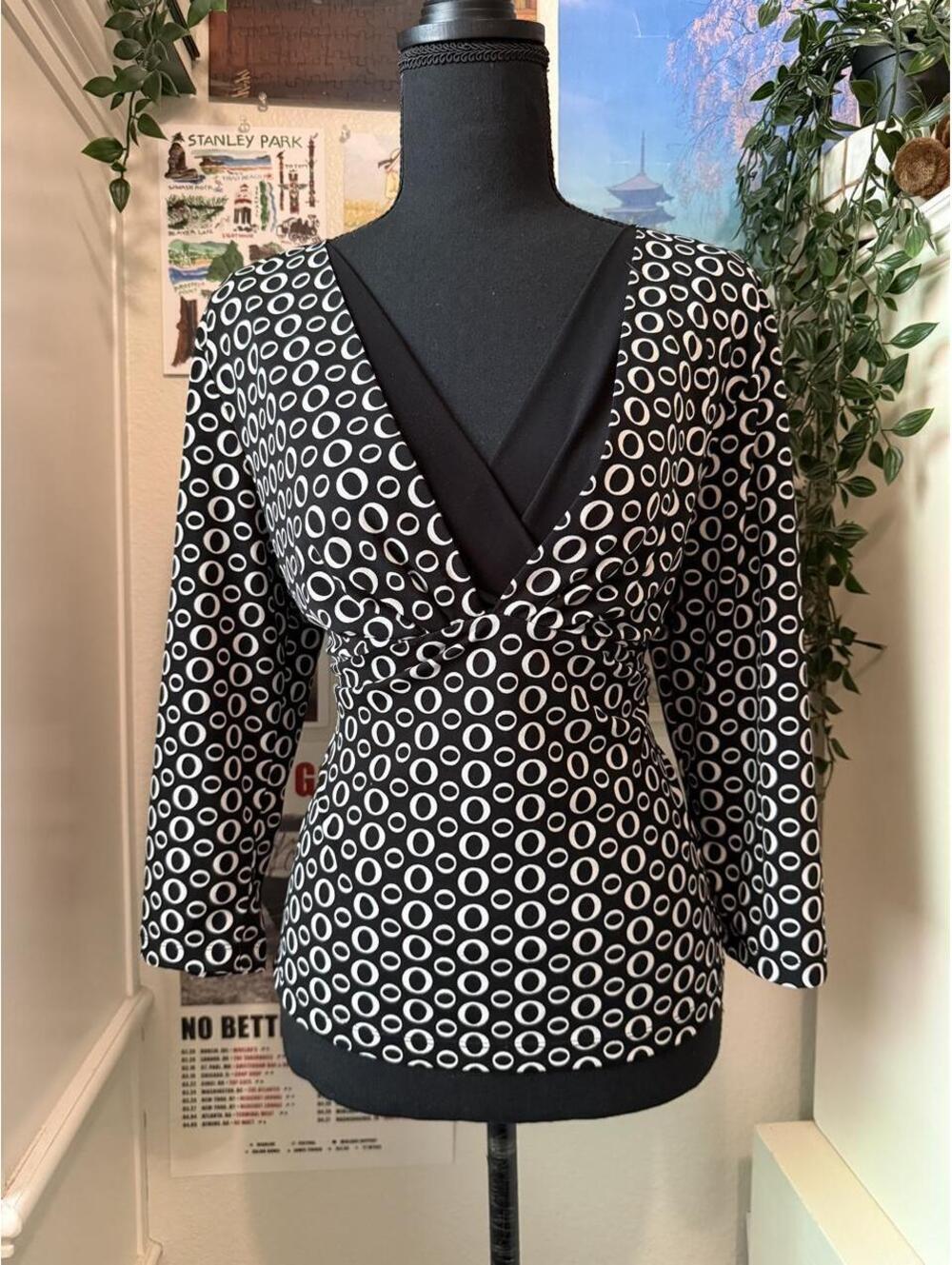 j.t.b. Black White Circle Print Faux Wrap Blouse
